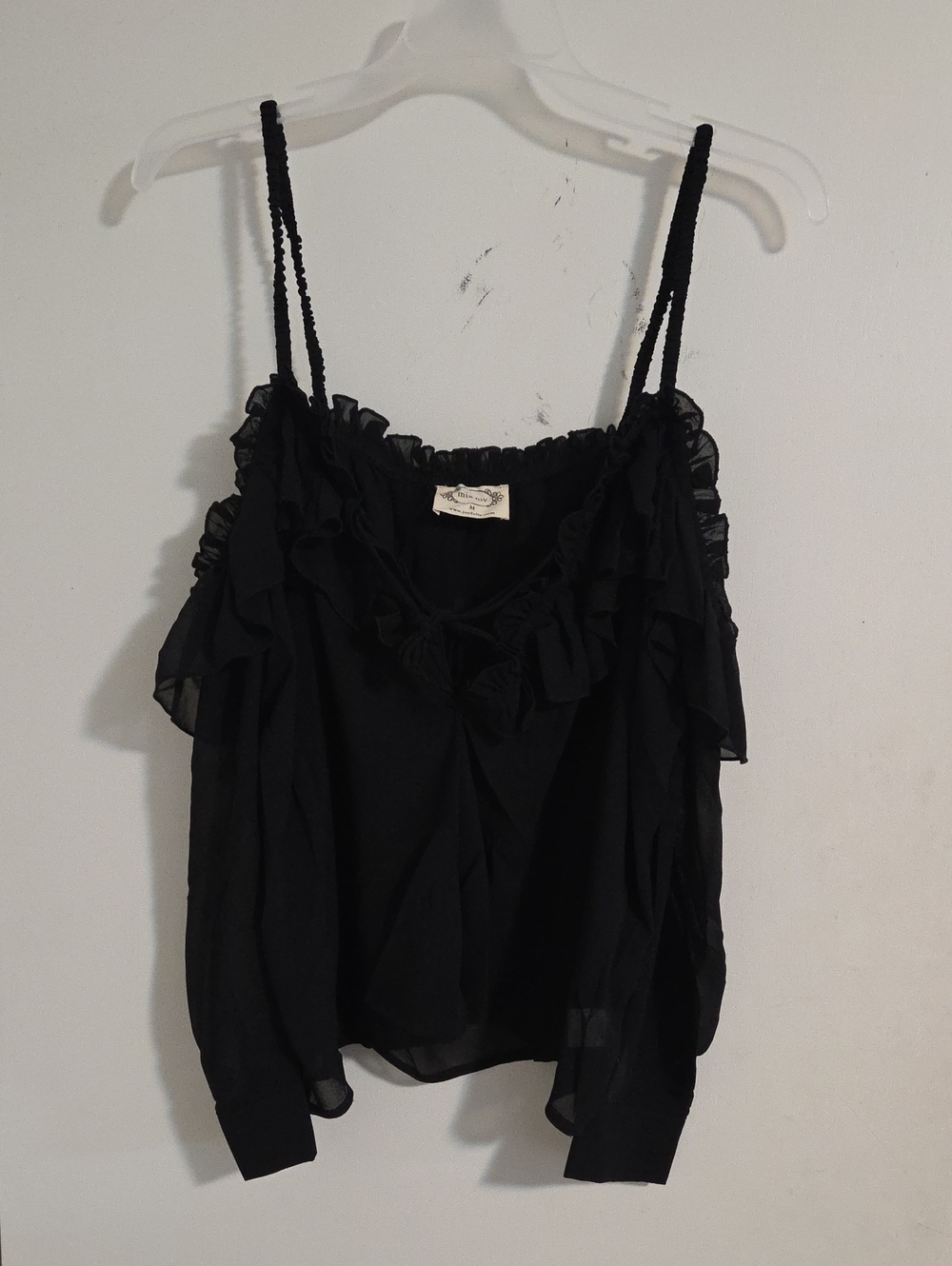 Ruffled Black Spaghetti-Strap Camisole